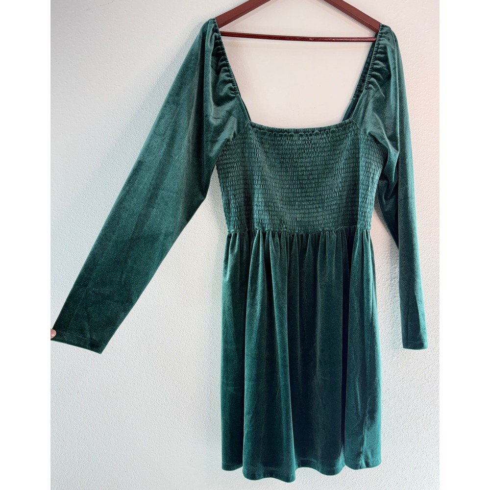 Gap Green Velvet Smocked Waist Mini Dress Long Sleeve Holiday Party XL Tall